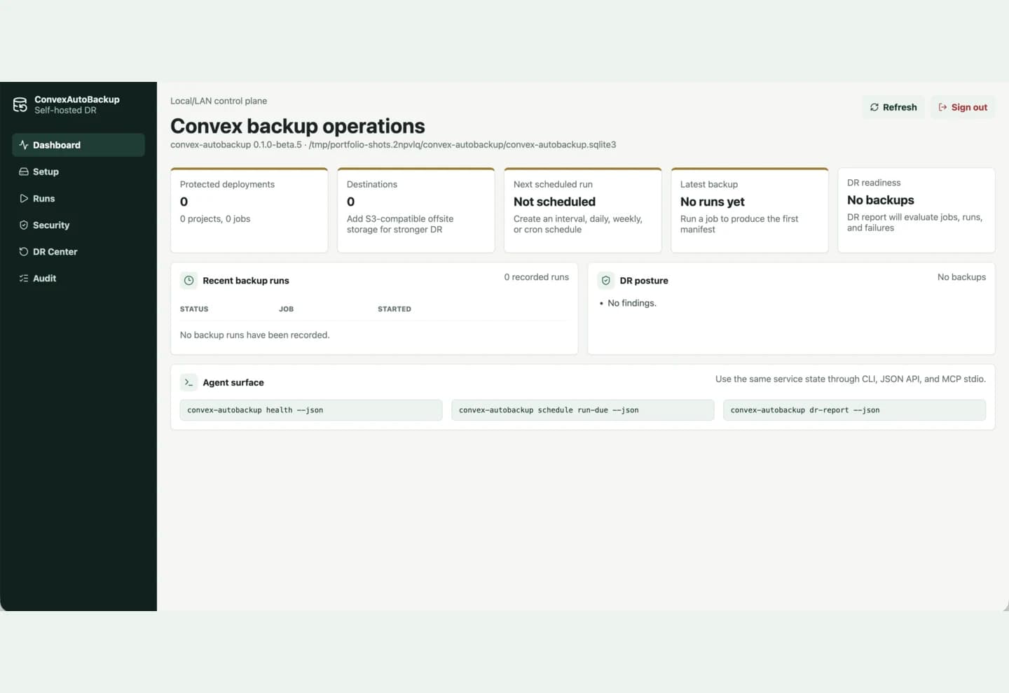 ConvexAutoBackup local dashboard showing deployment protection, destinations, backup runs, and disaster-recovery posture