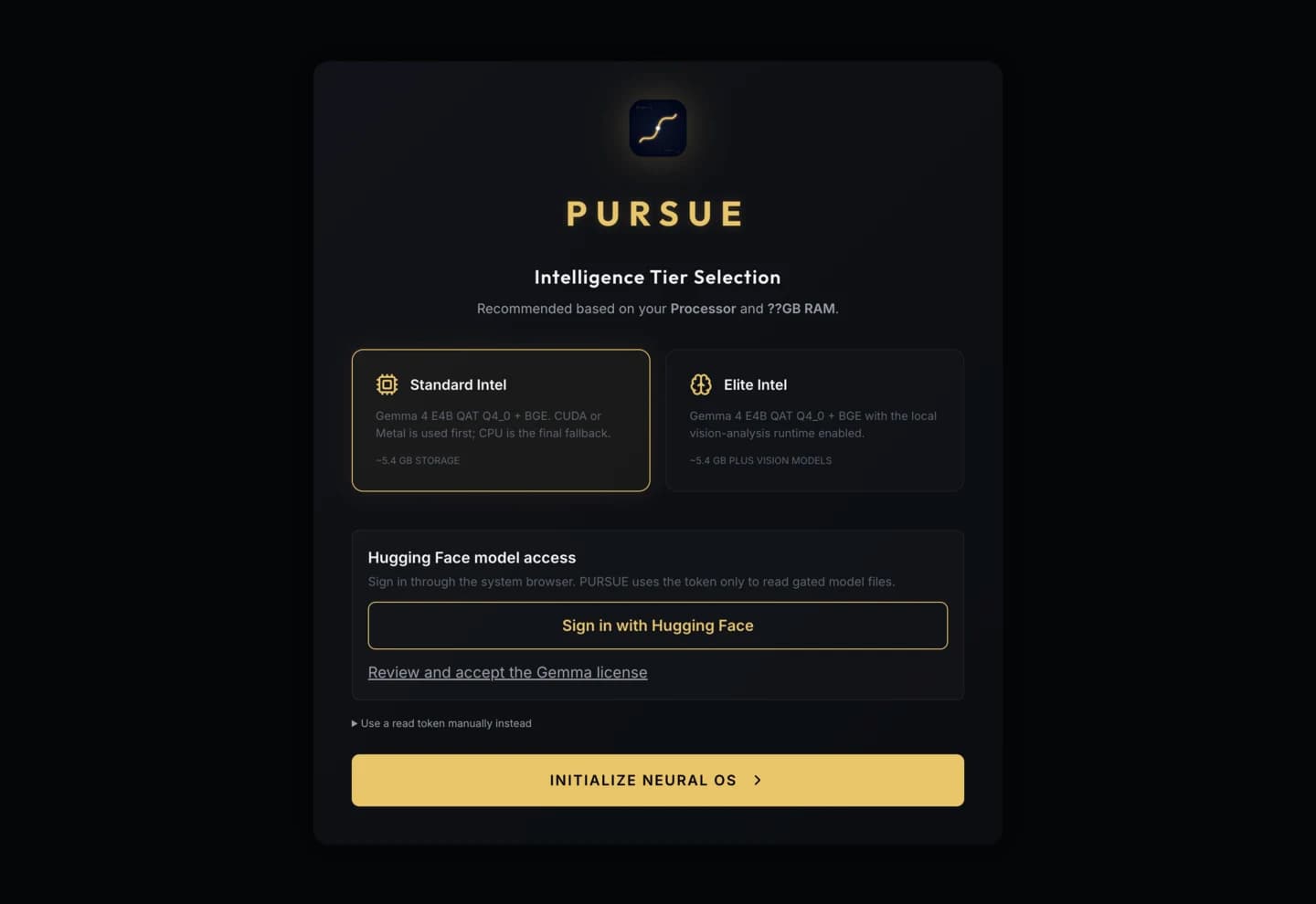 PURSUE Data Analyzer first-launch screen for selecting a local intelligence tier and model access
