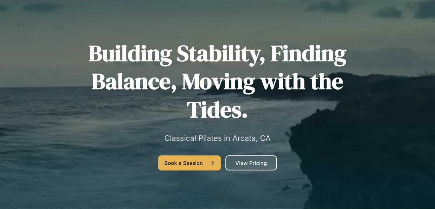 Tides Pilates public homepage hero with an ocean backdrop, booking call to action, and pricing navigation
