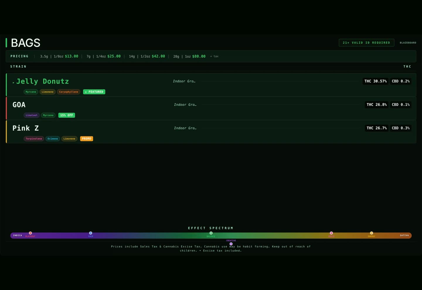 Simulated Blazeboard digital-signage menu displaying seeded products, pricing, potency, effects, and compliance content