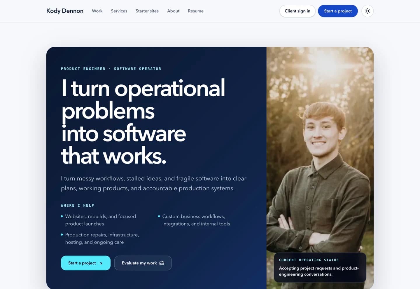 Kody Dennon portfolio homepage with a product-engineering introduction, service focus, and project calls to action